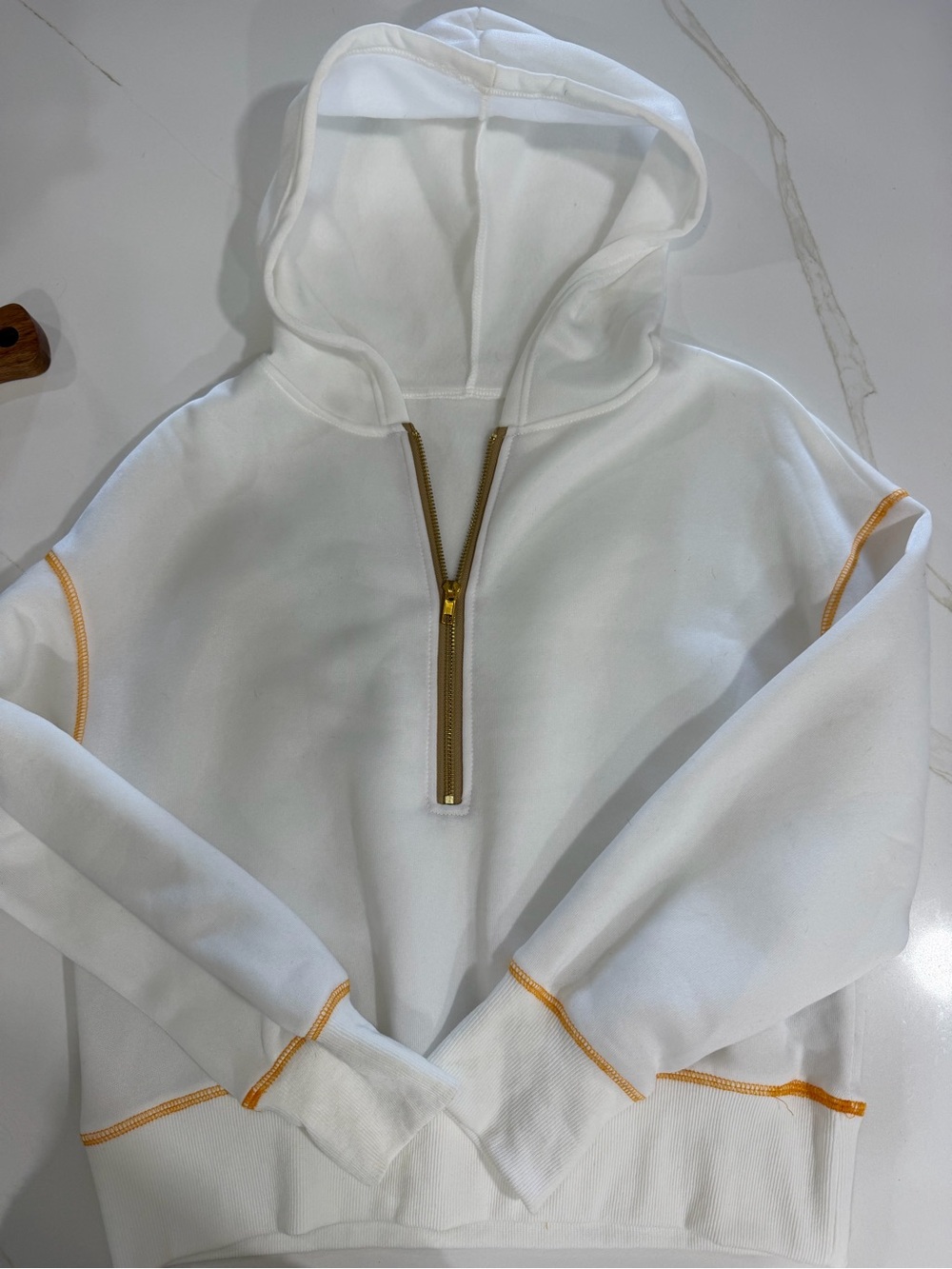 White Hooded Half-Zip Pullover with Gold Trim
